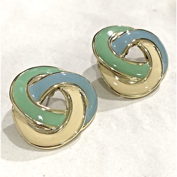 Vintage Pierced Earrings Goldtone Celtic Knot with Green Blue & Cream Enamel - Picture 2 of 6